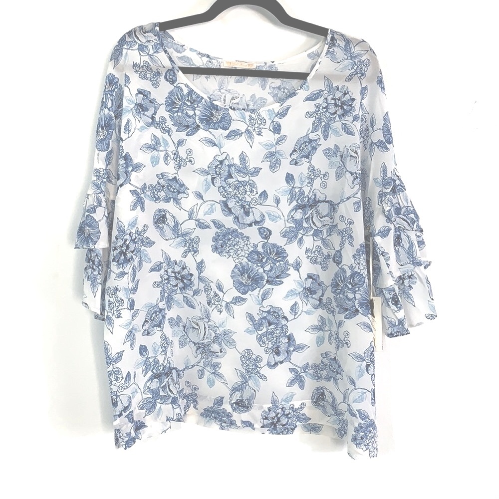 Gold Hawk Floral Printed Tunic Short Sleeve Top *NWT* ; Blue White SMALL